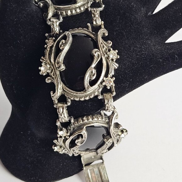 Vtg Style Gothic Faux Onyx & Rhinestone Bracelet Ornate Silver-Tone Setting, 7" - Picture 3 of 16
